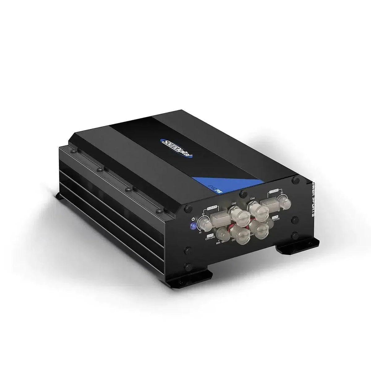 A black and blue Soundigital 2000.4 EVOPS 4-channel amplifier with metal case, IP64 rating, connectors, and brackets on a white background.