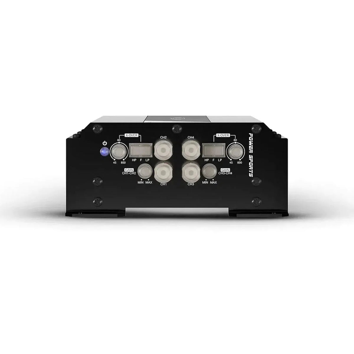 Front view of the Soundigital 2000.4 EVOPS shows two channels, adjustment knobs, labeled ports, LED indicators, and IP64 protection.