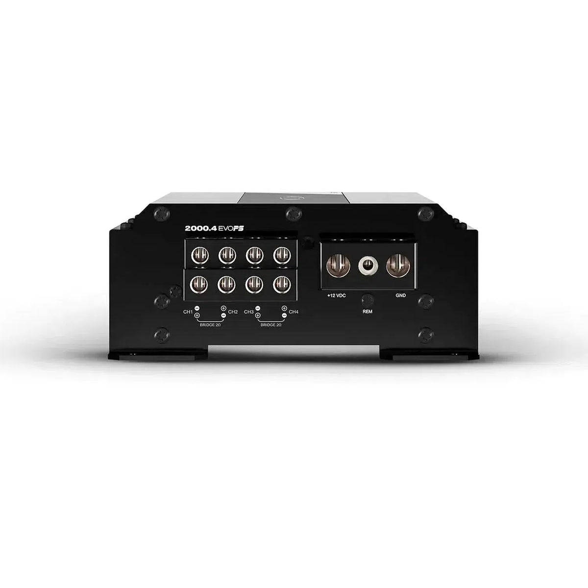 The Soundigital 2000.4 EVOPS amp, seen from the terminal side, displays labeled input/output ports for speaker, power, and ground wires. IP64 rated.