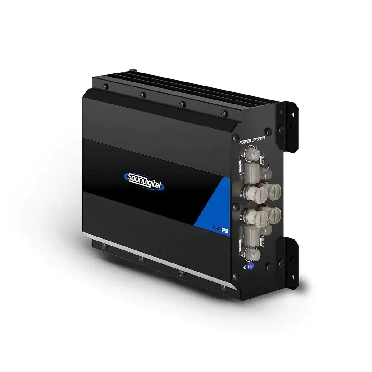 Soundigital 2000.4 EVOPS 4-channel amplifier in black and blue with control knobs, IP64 rated, on black brackets, against a white background.