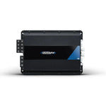 A black Soundigital 2000.4 EVOPS 4-channel audio amplifier with blue accents and multiple ports, shown from above on a white background.