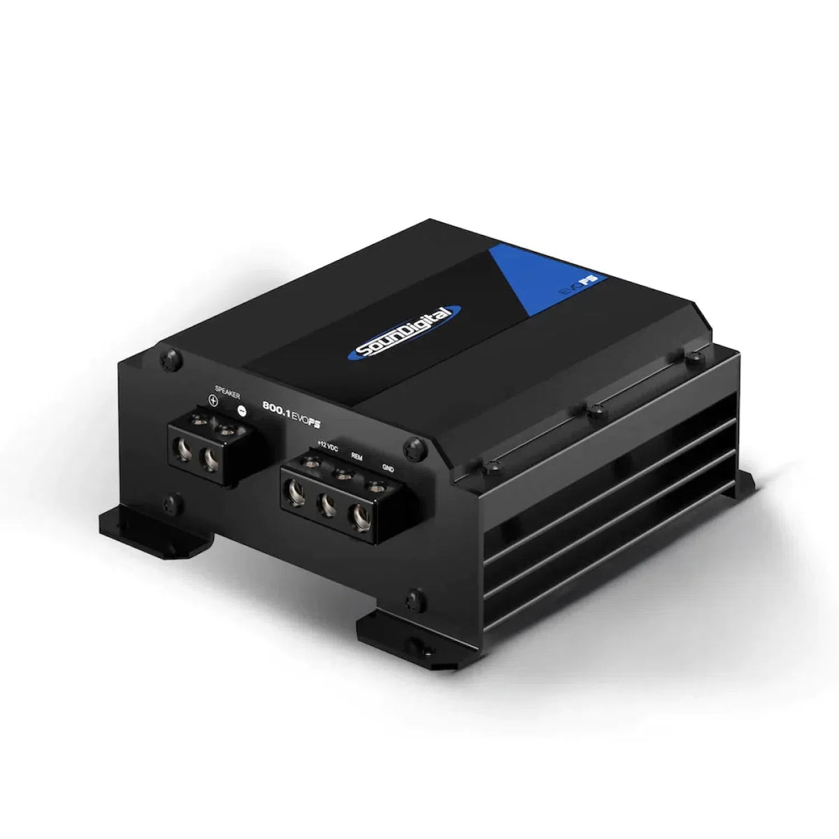 Un amplificatore audio per auto Soundigital 800.1 EVOPS nero e blu con terminali di ingresso/uscita sul lato sinistro è mostrato su uno sfondo bianco; eroga 800 WRMS.