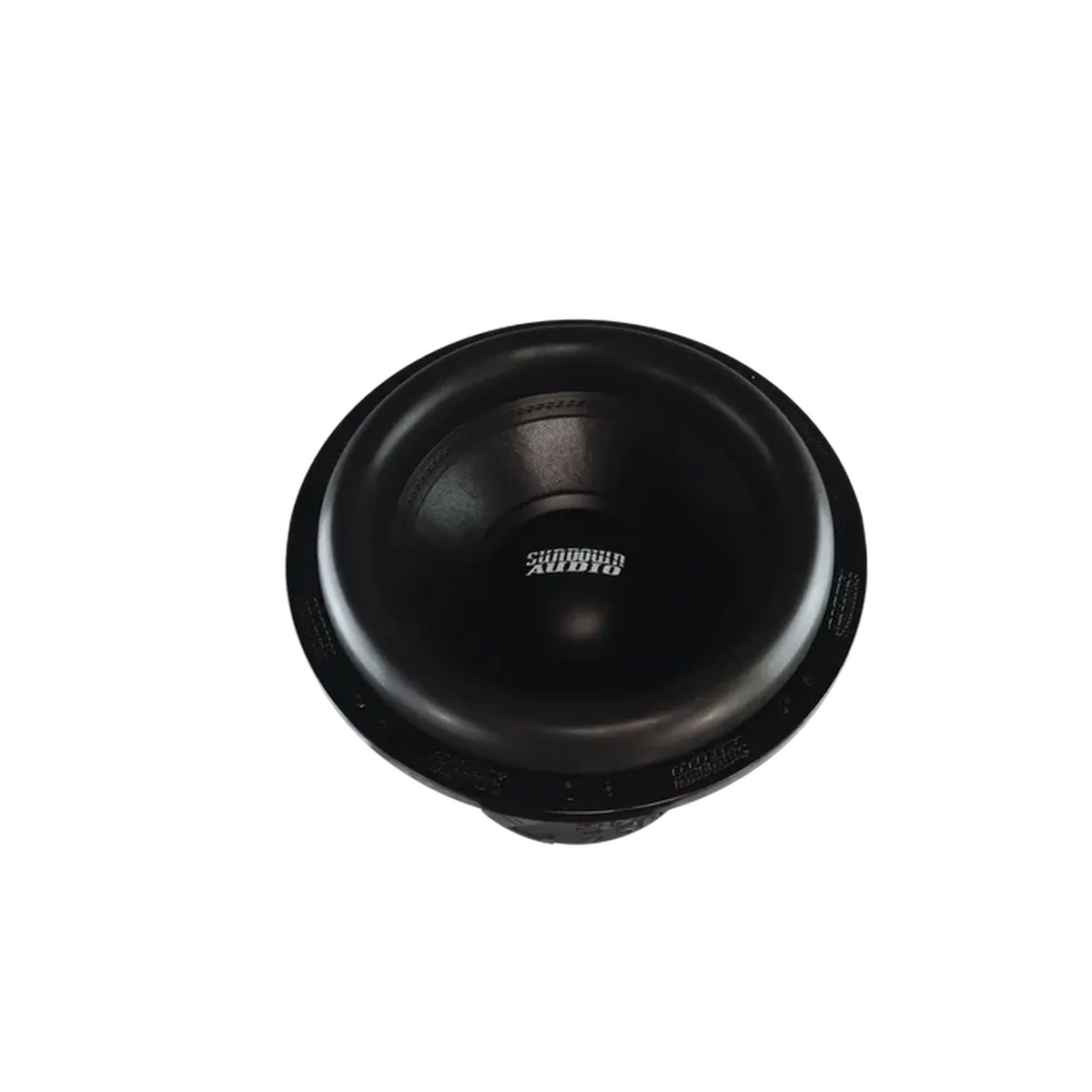 Un subwoofer negro Sundown Audio Zv7 18 con cono redondeado, visto desde arriba sobre fondo blanco, entrega una potencia de 3500W RMS.