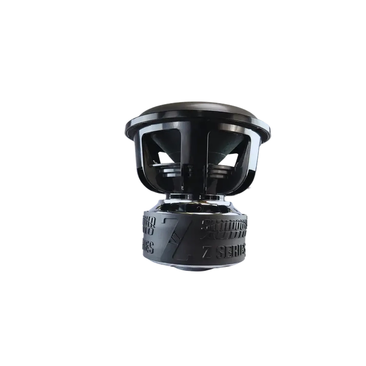 Un subwoofer Sundown Audio Zv7 18 en negro, 18 pulgadas, 3500W RMS, mostrado en ángulo sobre un fondo blanco liso.