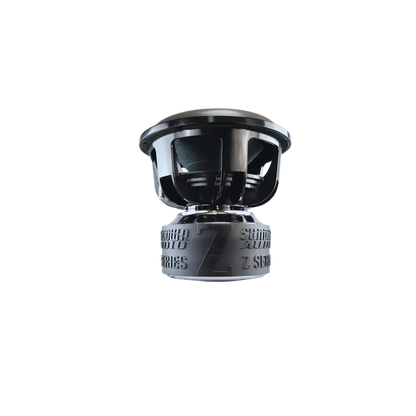 Un subwoofer Sundown Audio Zv7 18 negro con la marca en relieve en la base y 3500W RMS de potencia, mostrado sobre un fondo blanco liso.