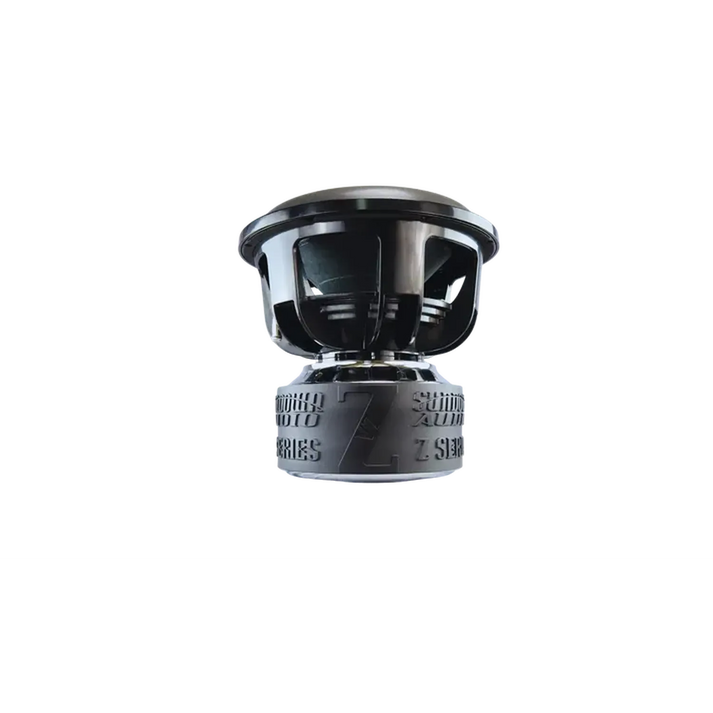 Un subwoofer Sundown Audio Zv7 18 negro con la marca en relieve en la base y 3500W RMS de potencia, mostrado sobre un fondo blanco liso.
