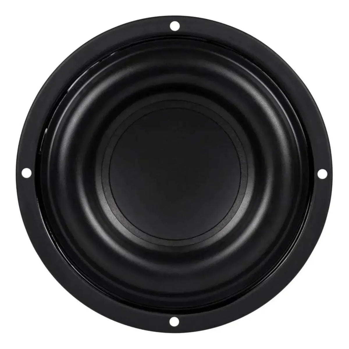 Un primo piano del subwoofer Tang Band W5-1138SMF ne evidenzia il design nero rotondo, il cono centrale e i quattro fori di montaggio, progettati per ottenere bassi potenti.