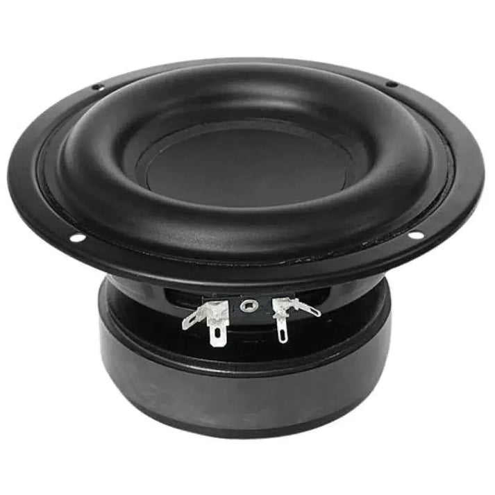 Il Tang Band W5-1138SMF è un altoparlante audio nero con cono rotondo, fori di montaggio, terminali visibili e gruppo magnetico per bassi impressionanti.