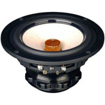 A close-up of a Tang Band W5-1880 midrange speaker shows its round black driver, copper coil, neodymium magnet, and mounting holes on the edge.