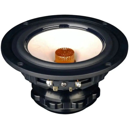 A close-up of a Tang Band W5-1880 midrange speaker shows its round black driver, copper coil, neodymium magnet, and mounting holes on the edge.