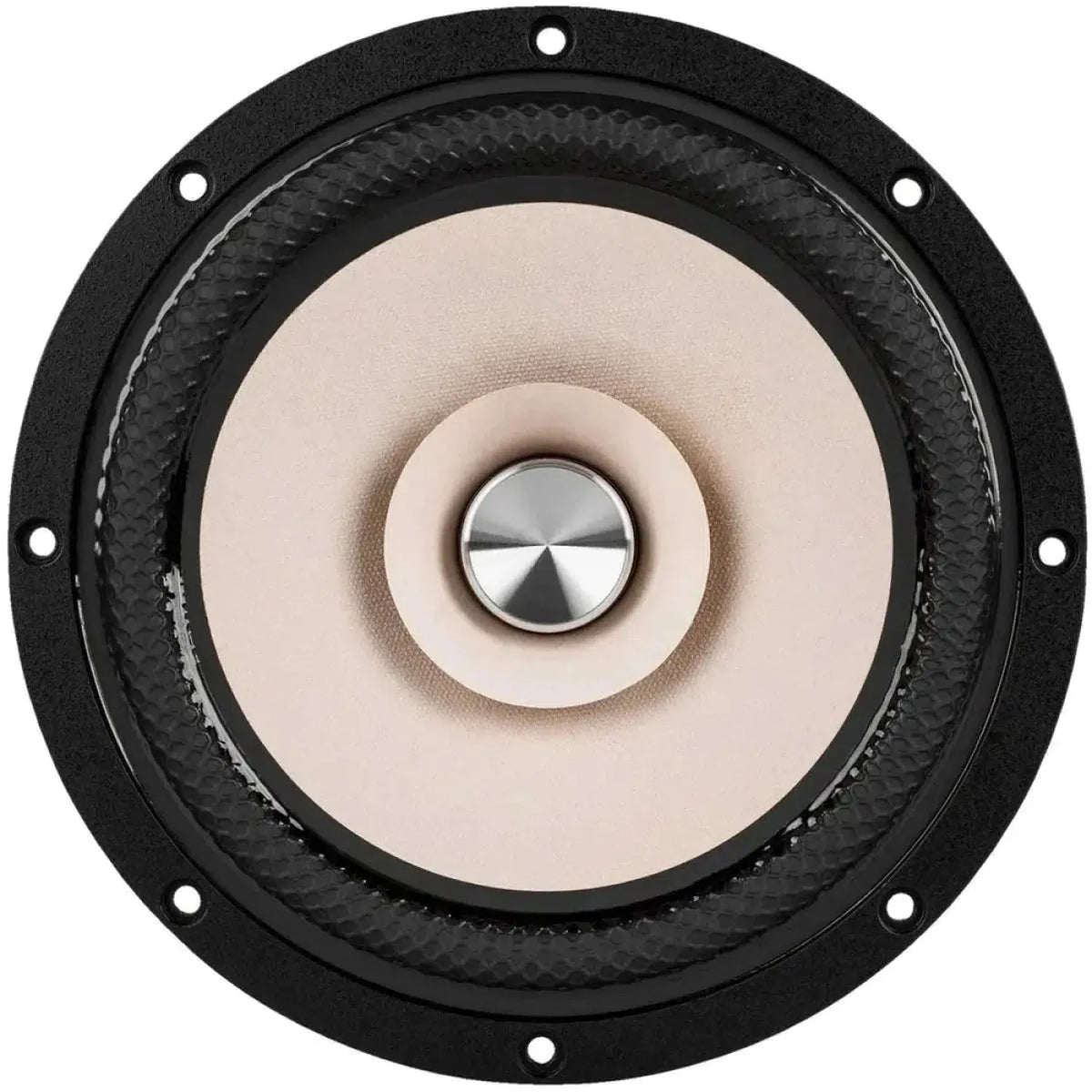 Primer plano de un altavoz Tang Band W8-2145 de 8 pulgadas con centro metálico, cono beige y anillo exterior negro, visto desde arriba.