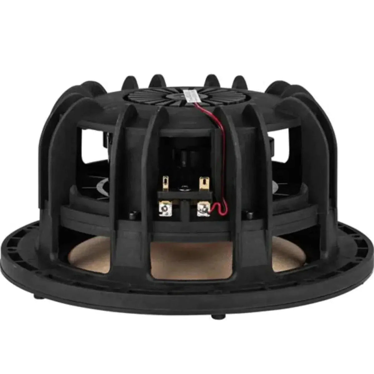 Una vista posteriore del subwoofer Tang Band W8-2314 mostra il telaio nero, i terminali e il cablaggio di questo Koaxiallautsprecher.