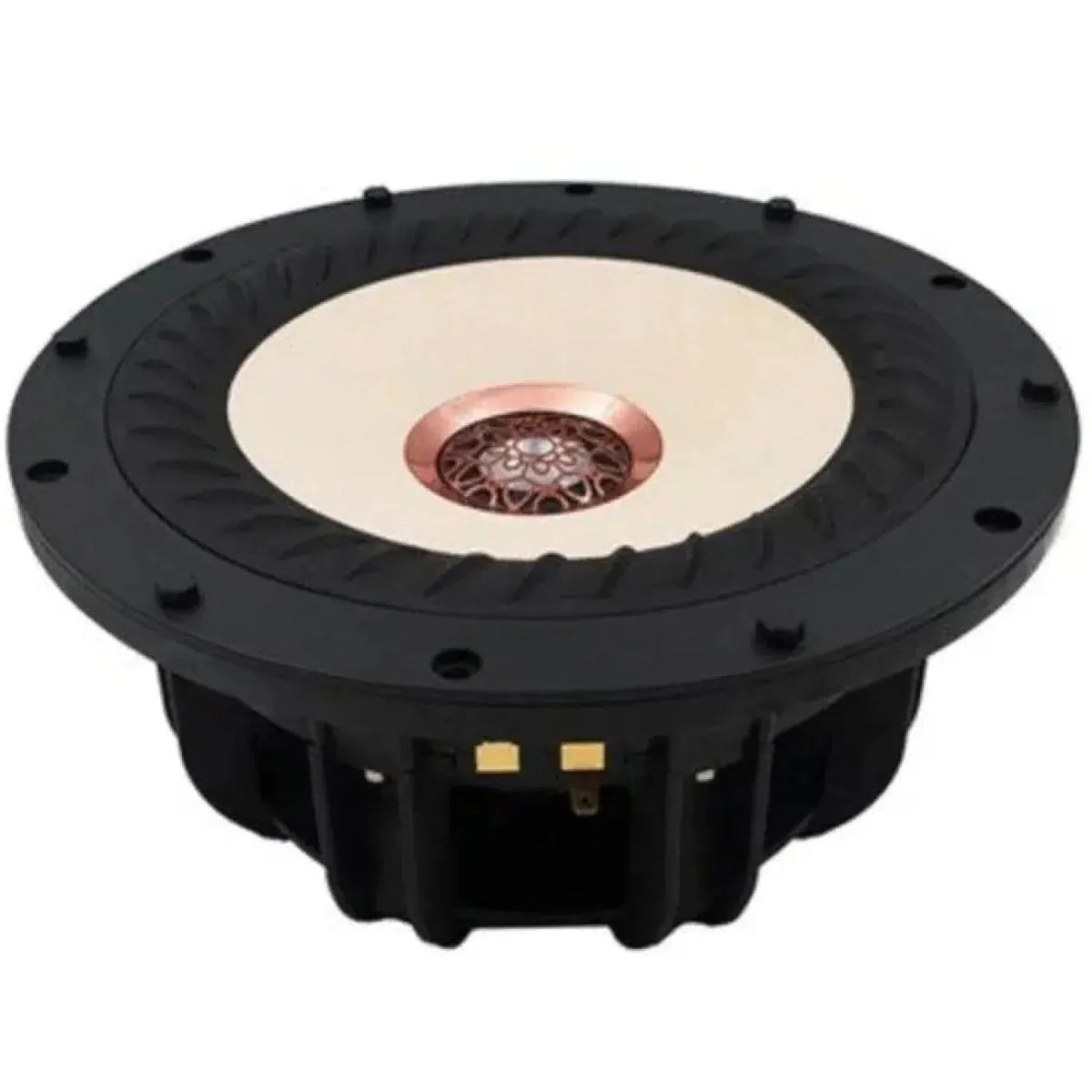 El Tang Band W8-2314 es un altavoz coaxial redondo negro y dorado con un centro de cobre decorativo y múltiples orificios de montaje.