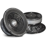 Due diffusori audio per auto Xcelsus Primum XPLM6-SQL neri da 5: uno in posizione verticale mostra il cono, laltro è sdraiato e mostra il magnete posteriore da 4 Ohm e le specifiche tecniche.