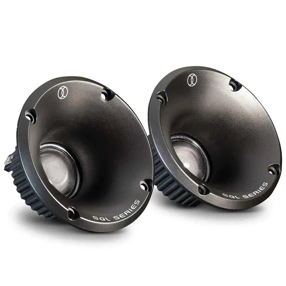 Two black, round Xcelsus Primum XPLT28W – SQL tweeters with metallic cones and SQL SERIES labels are angled on a white background.