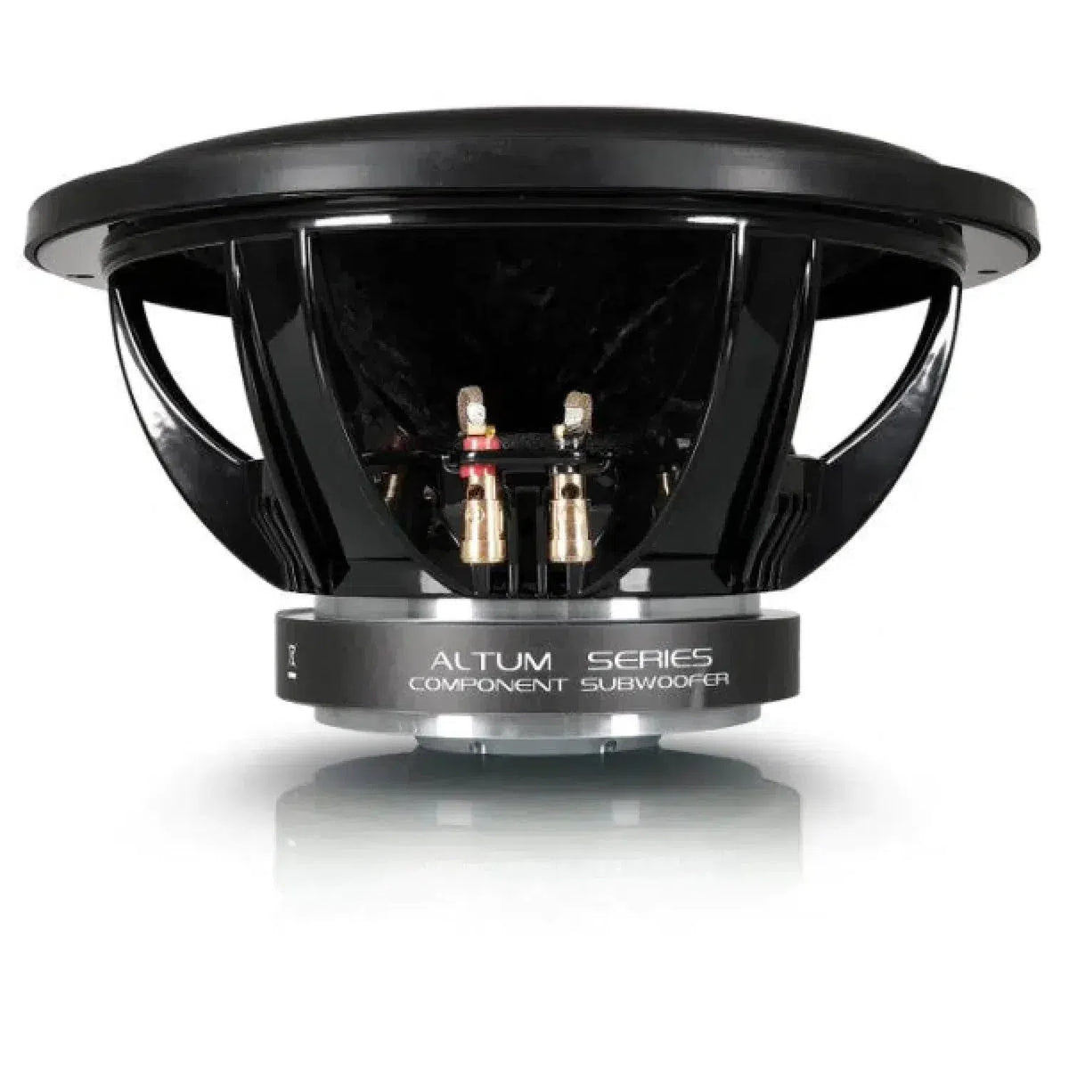 The Xcelsus Ultra XAS12 is a black 12 subwoofer with exposed terminals and dual 4 Ohm voice coils, made for high-performance audio systems.