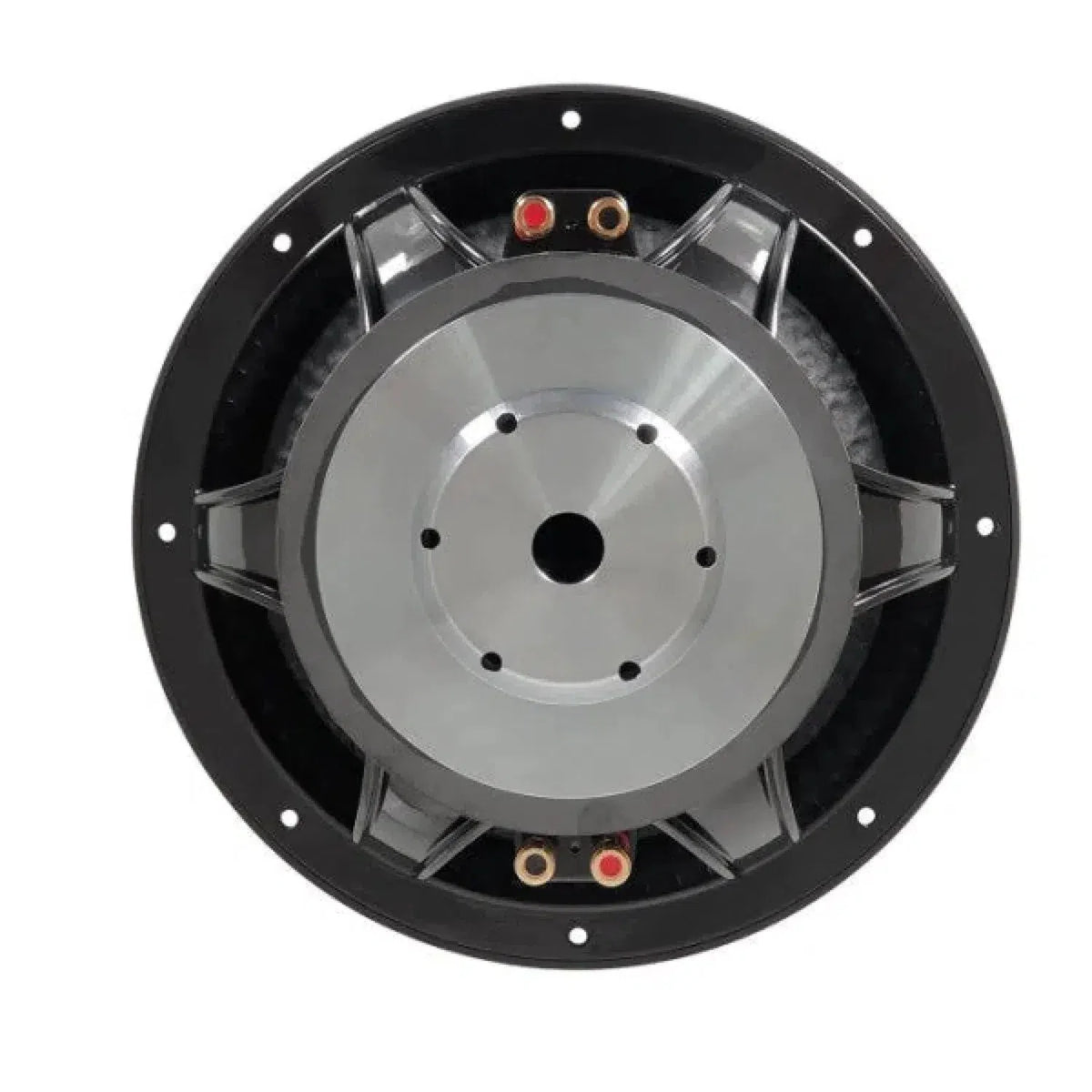 Close-up of the back of a Xcelsus Ultra XAS12 12-inch subwoofer, showing its metal frame, mounting holes, and dual 2 x 4 Ohm input terminals.