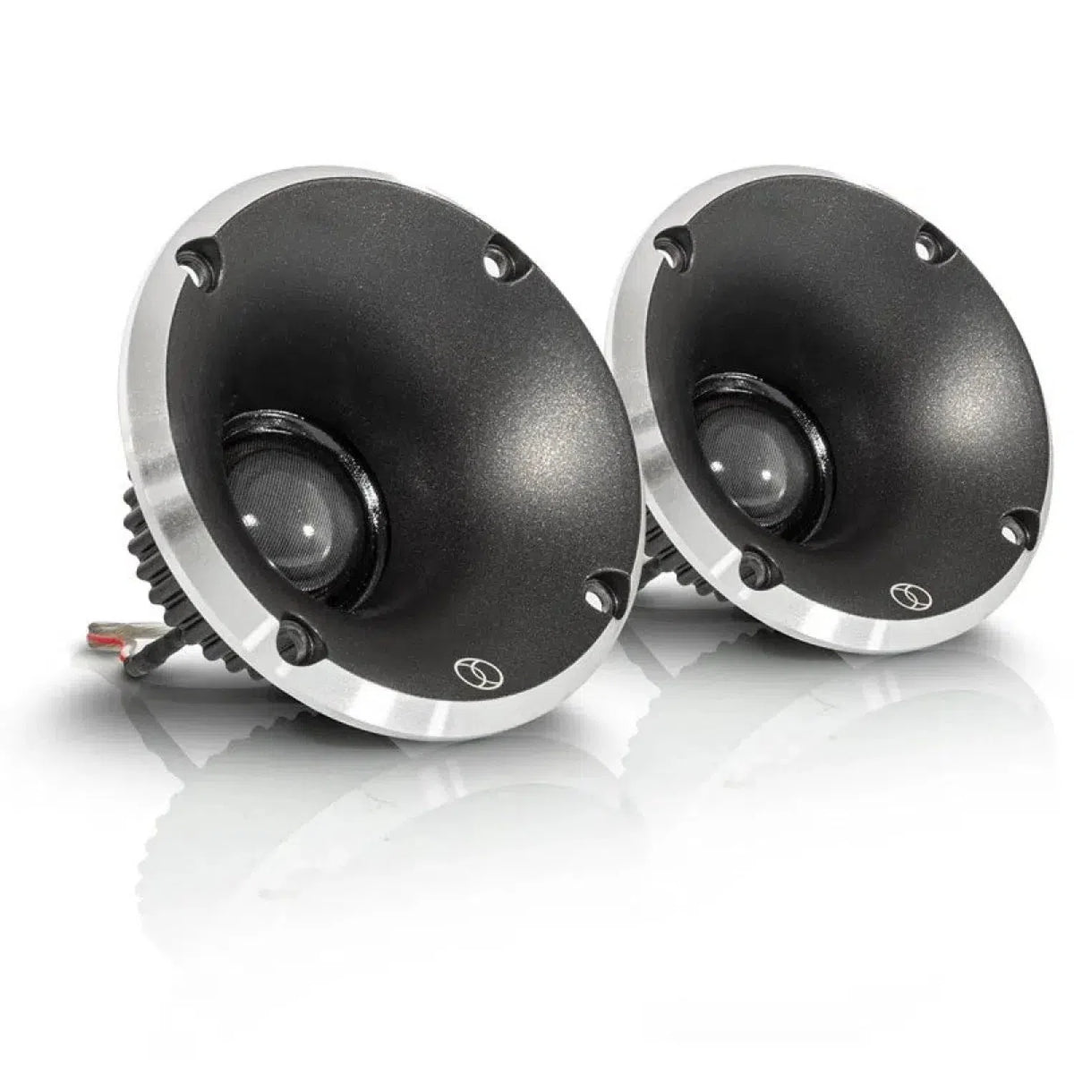 Two black and silver Xcelsus Xcelsia Competition XXT30W tweeters with round openings sit side by side on a white reflective surface.